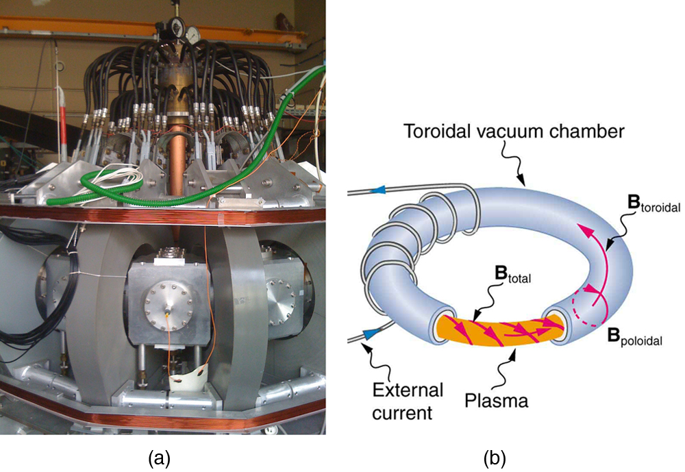 Figure a shows a tokamak in a lab. Figure b is a diagram of a tokamak. A current-carrying wire wraps around a donut-shaped vacuum chamber. Inside the chamber is plasma. The magnetic field has a toroidal and poloidal shape inside the chamber.