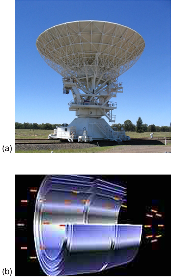 Image a is a photograph one of the antennas from the Australia Telescope Compact Array. Image b is a cutaway diagram showing 4 nested sets of hard x-ray mirrors of the Chandra X-ray observatory.