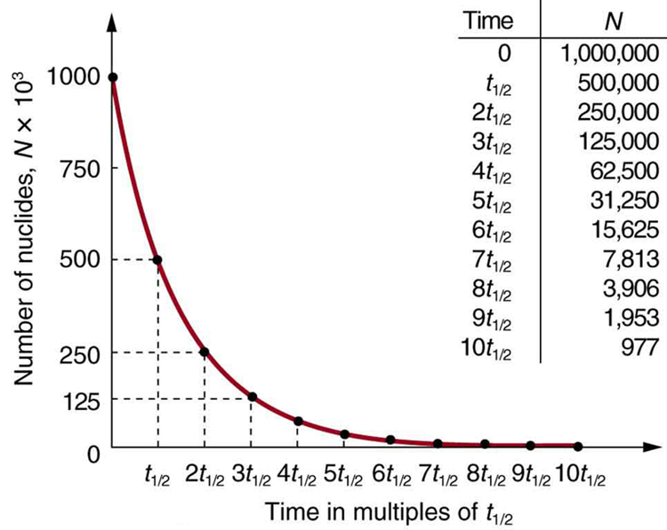 The figure shows a radioactive decay graph of number of nuclides in thousands versus time in multiples of half-life. The number of radioactive nuclei decreases exponentially and finally approaches zero after about ten half-lives.