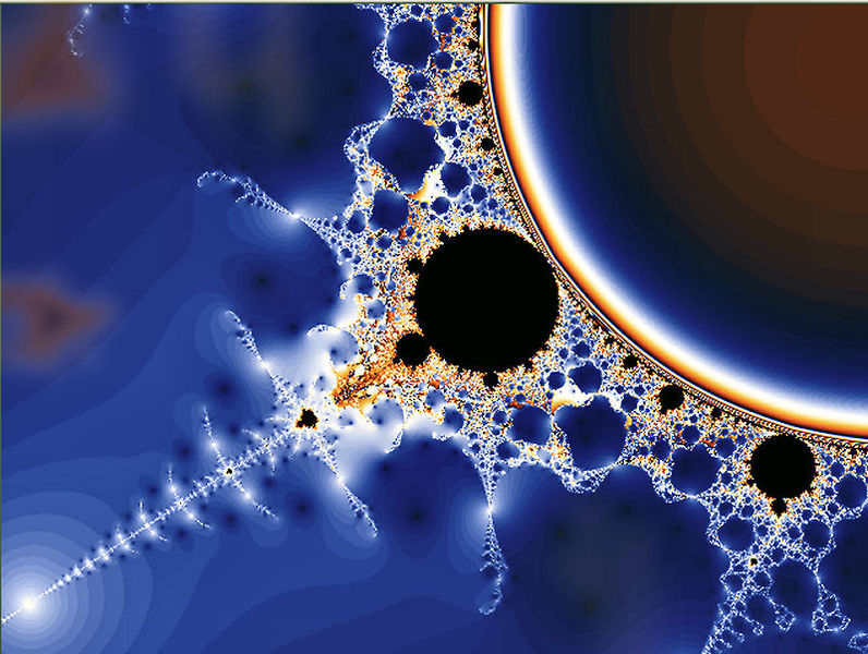The computer-generated image shows a blue white red rainbow arc on top of which is a very complex two-fold symmetric pattern of what looks like bubbles interlaced with fine thread. The background below the arc is black, whereas above the bubbles-lace pattern the colors fade into a deep blue. The main feature of the bubble-lace pattern is a large black hole with very complex and self-similar features defining its edge. From the top of the black hole grows a progressively finer spiky tip that is mostly white. Smaller versions of this black hole are repeated symmetrically to the right and left of the main black hole.