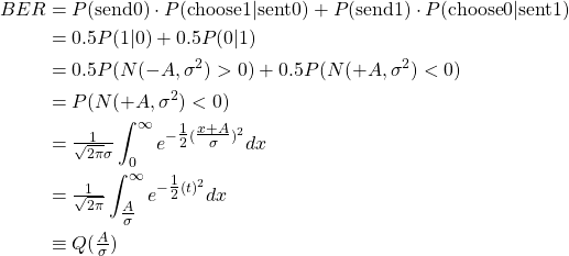 \begin{align*} BER &= P(\text{send} 0) \cdot P(\text{choose} 1 | \text{sent} 0 ) + P(\text{send} 1) \cdot P(\text{choose} 0 | \text{sent} 1) \\ &= 0.5 P(1|0) + 0.5 P(0|1) \\ &= 0.5 P (N( - A,\sigma^2)>0) + 0.5 P (N( + A,\sigma^2)<0) \\ & = P (N( + A,\sigma^2)<0) \\ & = \tfrac{1}{\sqrt{2\pi} \sigma} \int_0^\infty e^{-\tfrac{1}{2} (\tfrac{x+A}{\sigma})^2} dx \\ & = \tfrac{1}{\sqrt{2\pi}} \int_{\tfrac{A}{\sigma}}^\infty e^{-\tfrac{1}{2} (t)^2} dx \\ & \equiv Q ( \tfrac{A}{\sigma} ) \end{align*}