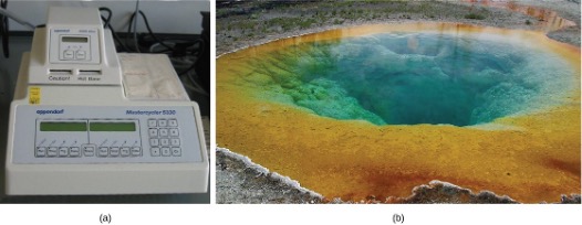 Images of a thermal cycler and a hot spring.