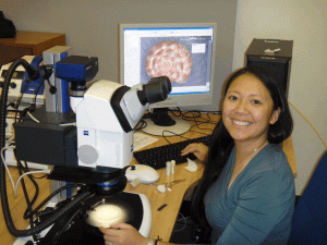 Dr. Norine Yeung in the lab in front of a microscope