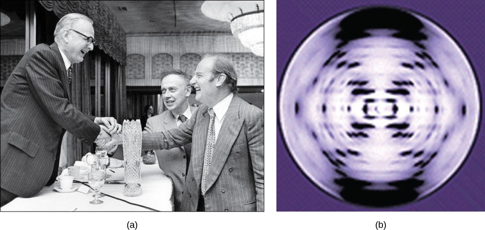 Picture of James Watson, Francis Crick, and Maclyn McCarty and a picture of the X-ray diffraction image from Rosalind Franklin