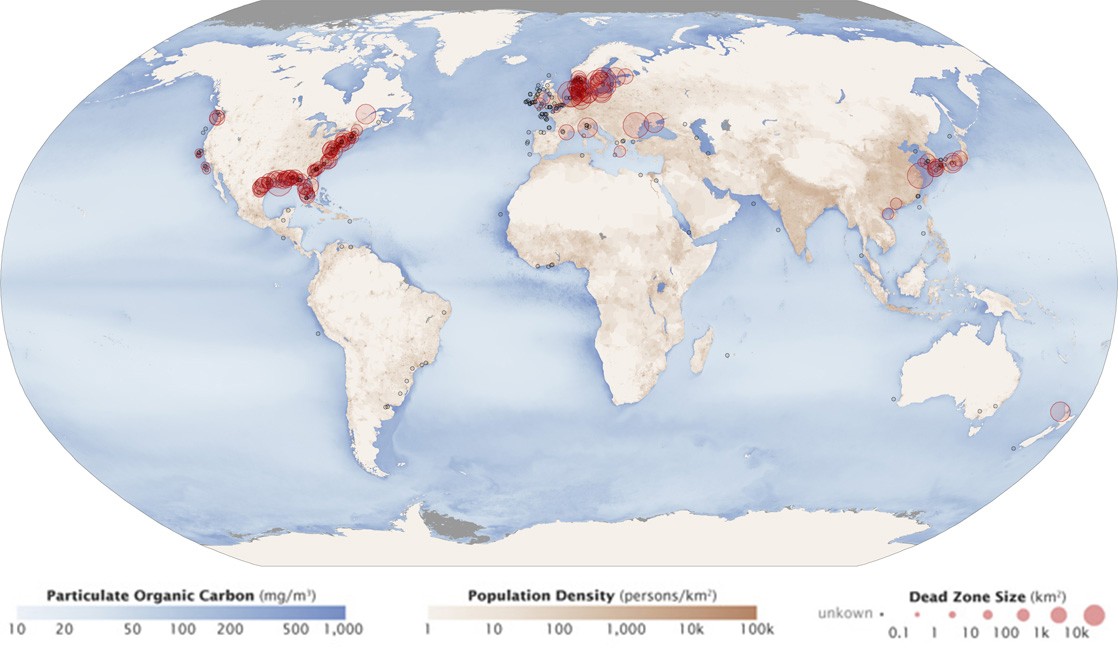 World map with dead zones highlighted in red.