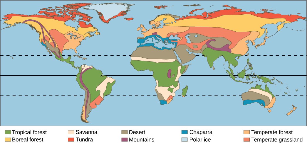 World map showing the eight major biome locations.