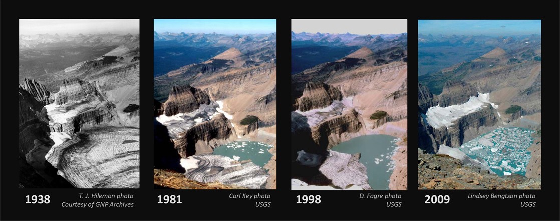 Four pictures of the same spot in Glacier National Park showing the receding glacier over time.