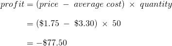  \begin{array}{r @{{}={}} l}profit & (price\;-\;average\;cost)\;\times\;quantity \\[1em] & (\$1.75\;-\;\$3.30)\;\times\;50 \\[1em] & -\$77.50 \end{array}