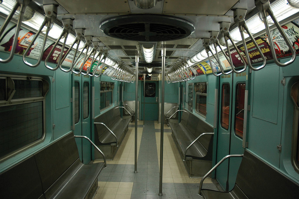 Inside of a vintage New York City subway train