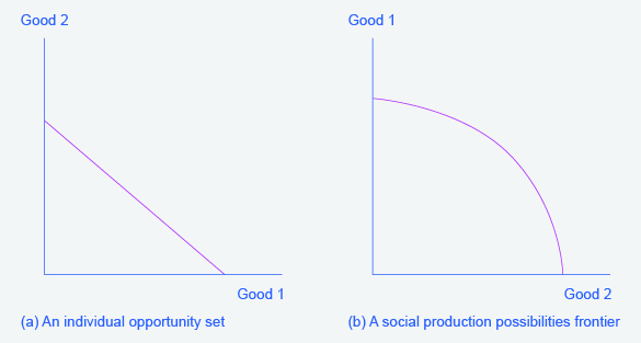 Two graphs will occur frequently throughout the text. They represent the possible outcomes of constraints/production of goods. The graph on the left has “Good 2” along the y-axis and “Good 1” along the x-axis. The graph on the right has “Good 1” along the y-axis and “Good 2” along the x-axis.
