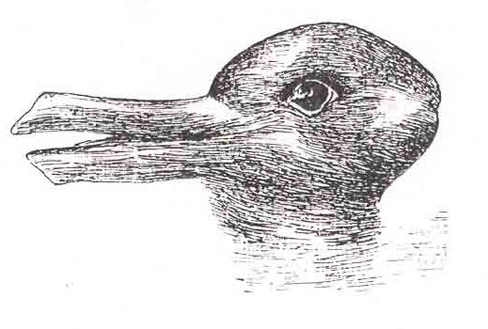 A drawing appears to be a duck when viewed horizontally and a rabbit when viewed vertically.