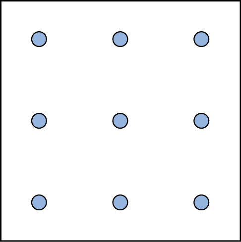 A square shaped outline contains three rows and three columns of dots with equal space between them.