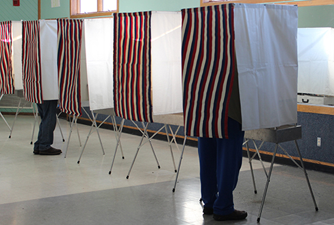 A photograph shows a row of curtained voting booths; two are occupied by people.