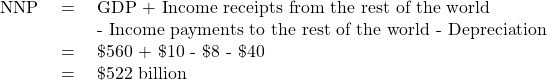 \begin{array}{rcl}\text{NNP}& \text{ = }& \text{GDP + Income receipts from the rest of the world}\\ & & \text{- Income payments to the rest of the world - Depreciation}\\ & \text{=}& \text{\$560 + \$10 - \$8 - \$40}\\ & \text{=}& \text{\$522 billion}\end{array}