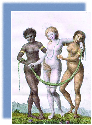 A painting depicts an African woman, a white woman, and an Indian woman, all of whom are nude. Their hands and arms are intertwined and they all hold a vine or strand. The African and Indian women wear a gold armband on each arm.