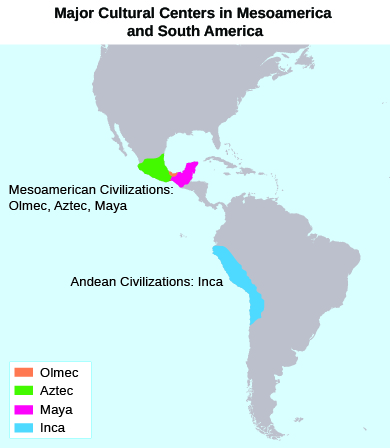 A map shows the locations of the Olmec, Aztec, Maya, and Inca civilizations, in, respectively, present-day Mexico; present-day Mexico; present-day Mexico (on the Yucatán Peninsula),Belize, Honduras, and Guatemala; and present-day Ecuador, Peru, and Bolivia.