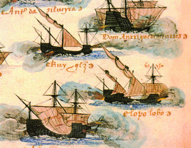 An illustration depicts several caravels of different styles and sizes.
