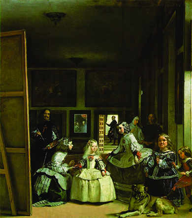 A painting depicts King Philip IV and Queen Mariana’s young daughter surrounded by her entourage. Diego Velázquez stands to one side, painting the scene.