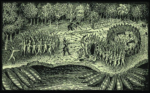 An engraving shows Samuel de Champlain fighting on the side of the Huron and Algonquins against the Iroquois. Champlain stands in the middle of the battle, firing a gun, while the Indians around him shoot arrows at each other.