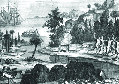 This is a drawing showing Timucua Indians fleeing the Spanish settlers, who arrived by ship.