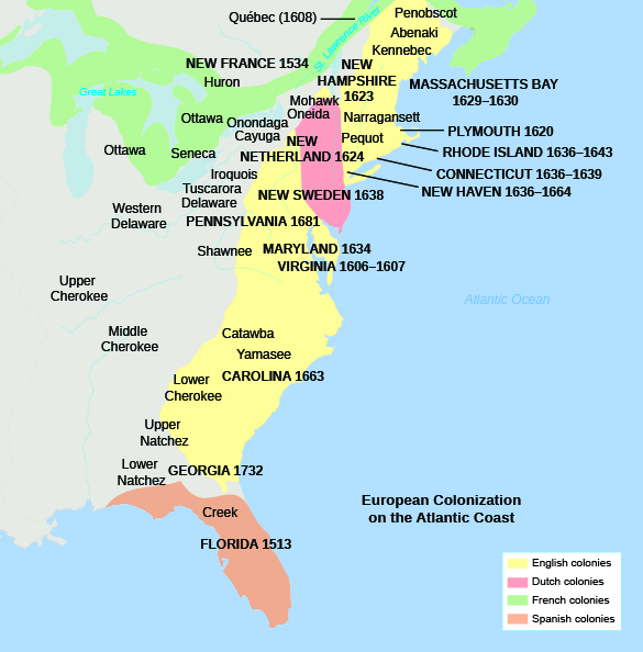 This is a map showing the English, Dutch, French, and Spanish colonies on the Atlantic coast and the dates of their settlement, as well as the names of Indian tribes inhabiting those areas.