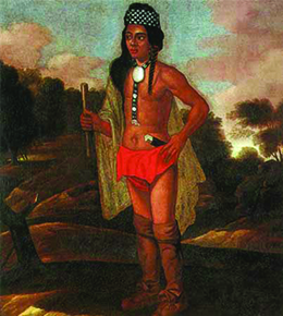 A 1681 painting depicts Niantic-Narragansett chief Ninigret. He wears what appear to be animal-skin footwear and loincloth, along with a patterned fabric headband, a fabric cloak, and a necklace that includes a round metallic piece.