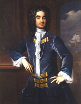 A painted portrait shows William Byrd II posing with an elbow on a mantelpiece.