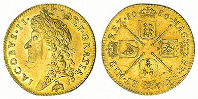 The front and back of an English guinea are shown. The front of the coin shows a bust of King James II with an elephant and castle logo beneath.