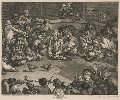 An engraving shows an unruly crowd watching a cockfight and betting on the results.