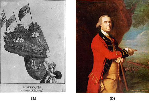 Image (a) is an etching of a woman in fancy dress and sporting an elaborate hairstyle that contains soldiers firing at close range, tent forts, and two ships engaged in a sea battle. Three flags flying over the encampments show a monkey, two women, and a goose. Image (b) is a portrait of General Thomas Gage, showing him in a red military coat, with British troops in the far background.