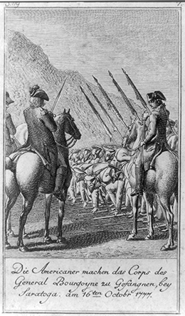 A 1784 German engraving shows British soldiers laying down their muskets before the American forces, who watch from horseback in the foreground.