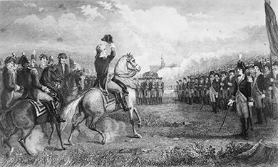 An etching shows troops on foot and on horseback gathered in formation on Cambridge Common. George Washington is in the center on horseback raising his hat.