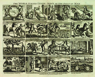A sixteen-paneled print shows a series of images in which animals and humans switch places; women adopt men’s roles; fish fly through the air; and the sun, moon, and stars appear below the earth.