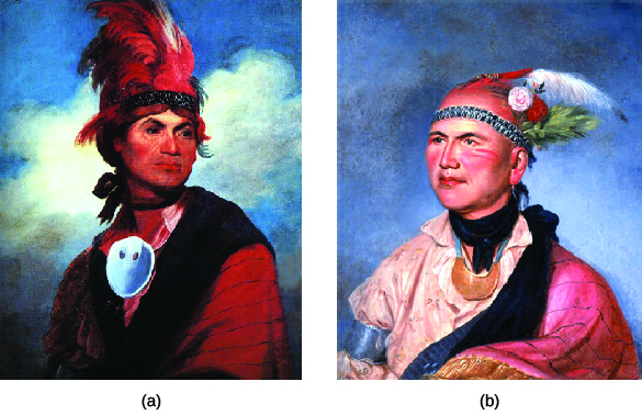 A portrait of Joseph Brant (a) made in 1786 is shown beside a portrait of Brant made in 1797 (b). In both, Brant wears a cloak or blanket over a collared shirt, a large piece of jewelry around his neck, and a feathered headdress.