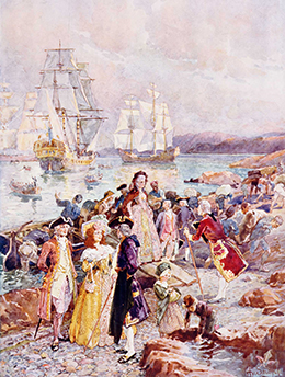 A painting shows well-dressed male and female Anglo-American colonists arriving on shore in New Brunswick, Canada. Several large ships are in the harbor in the background, and longboats with more immigrants are heading to the land. Well-dressed men seem to be welcoming the Loyalists.