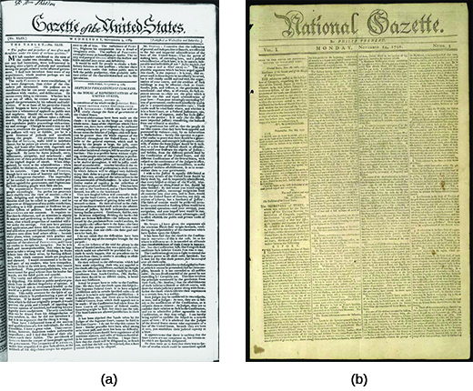 Image (a) shows the front page of the Gazette of the United States. Image (b) shows the front page of the National Gazette.