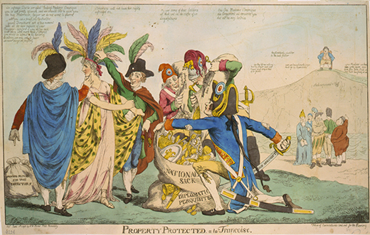 A cartoon, titled Property Protected á la Françoise, satirizes the XYZ affair. Five Frenchmen are shown plundering the treasures of a woman representing the United States. One man holds a sword labeled “French Argument” and a sack of gold and riches labeled “National Sack and Diplomatic Perquisites,” while the others collect her valuables. A group of other Europeans look on and commiserate that France treated them the same way; one says, “aye they left me nothing but my prayer book and Crown, and striped that of its jewels.”