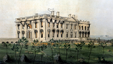 A painting depicts the burned White House, which is blackened inside with smoke damage visible on its exterior.