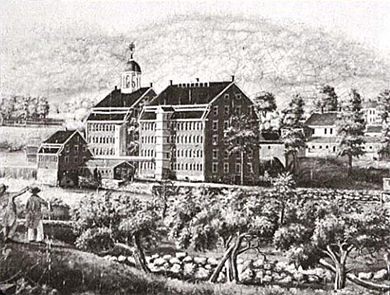 An engraving depicts the Boston Manufacturing Company buildings and the river and greenery alongside them.