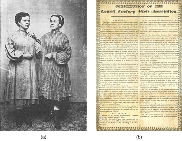 Tintype photograph (a) shows two young women wearing work smocks standing side by side. Image (b) is a document titled “Constitution of the Lowell Factory Girls Association.”