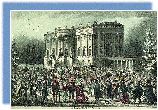 An illustration depicts Andrew Jackson’s inauguration in 1829, with crowds surging into the White House to join the celebrations.