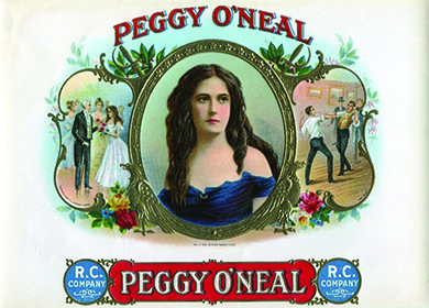 A cigar-box lid shows a portrait of Peggy O’Neal at the center; she is shown as a young and attractive woman in a low-cut dress. On the left, Andrew Jackson presents O’Neal with flowers. On the right, two men fight a duel for her. Labels reading “Peggy O’Neal” appear on the top and bottom.