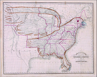A historical map of the United States is drawn to show a massive eagle encompassing the whole of the nation.