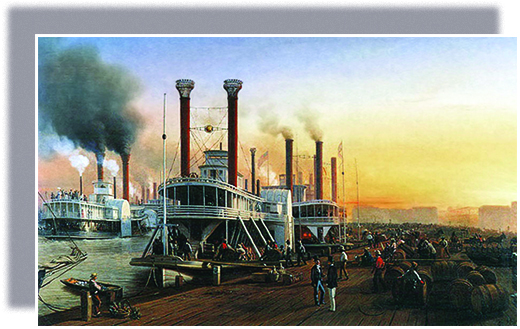 A painting depicts several large steamboats docked at New Orleans. Businessmen chat while slaves and dock workers load and unload large barrels of cargo.