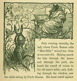 An illustration from Uncle Remus, His Songs and His Sayings: The Folk-Lore of the Old Plantation depicts the characters Brer Rabbit, who is playing in the woods, and Brer Wolf, who is seated at a table.