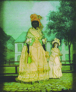A collage painting depicts a tall, dark-skinned woman standing beside her small daughter, who has more European features, with lighter skin and curly, dark hair. Both women are elaborately dressed. In the background, a large, stately house is visible.