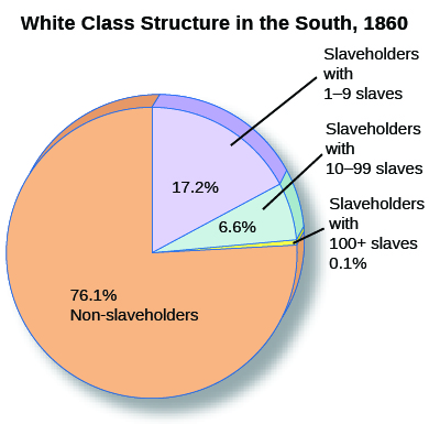 A pie chart entitled “White Class Structure in the South, 1860” shows percentages of non-slaveholders (76.1%), slaveholders with 1 to 9 slaves (17.2%), slaveholders with 10 to 99 slaves (6.6%), and slaveholders with more than 100 slaves (0.1%).