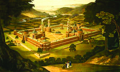 An engraving depicts an aerial view of a peaceful bucolic landscape with a massive walled compound at its center. Within the compound, several large buildings, including an industrial building from which steam rises, are visible. From a nearby hill, a small group of adults and children gaze at the community.