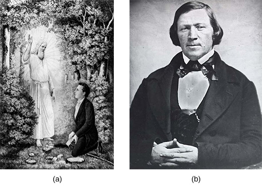 Illustration (a) depicts a wooded clearing in which a bearded, white-robed angel delivers the Book of Mormon to Joseph Smith, who kneels at the angel’s feet in a dark suit. Photograph (b) is a portrait of Joseph Smith.