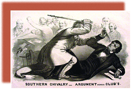 An illustration shows Preston Brooks attacking Charles Sumner with a cane while several men look on in the background. The caption reads “Southern Chivalry—Argument versus Club’s.”